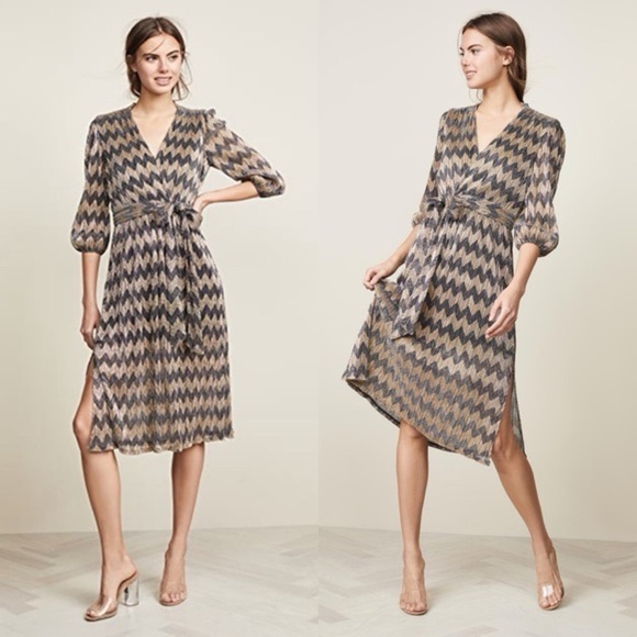 Alice + Olivia silver & gold metallic lurex Katina wrap midi dress - 8 (Medium) - Picture 3 of 4